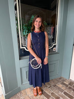 SLEEVELESS NAVY KNIT MIDI W/ BUTTON DETAIL
