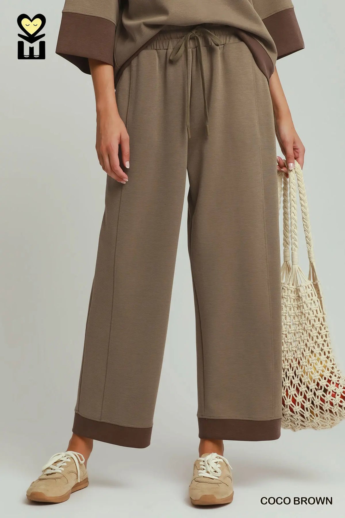 CLOUDKNIT Raglan Sleeve Colorblock Crewneck Top & Straight Pant SET- Cocoa Brown
