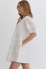 Simple White Dress with Pintuck Pleats, Puff Shoulders and Pockets!