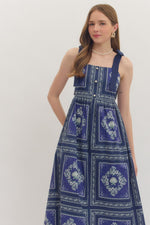 Camden Navy Printed Midi with Square Neckline and Raffia Detail Buttons