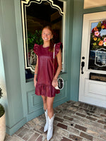 Ruffle Cap Sleeve Maroon Leather Mini