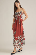 Liza Floral Pleated Neckline Sleeveless Maxi Dress- Brick