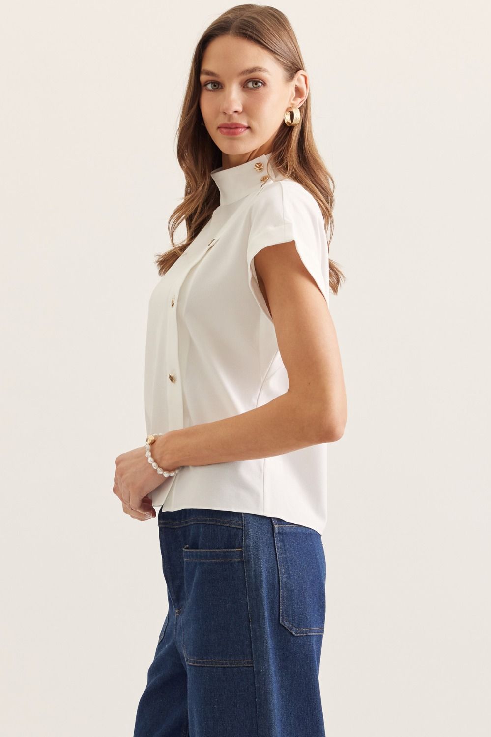 Millie Gold Button Detail Mock Neck Top