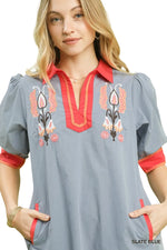 Emaline Slate Blue and Coral Floral Mini Dress