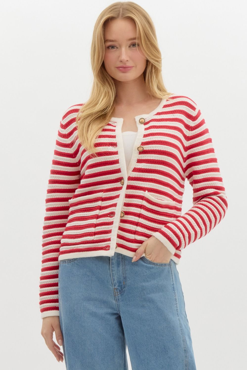Red Striped Textured Cardigan with Gold Buttons and Front Pocket