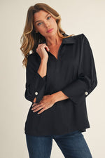 Pearl Cuff Button Accent Satin Top