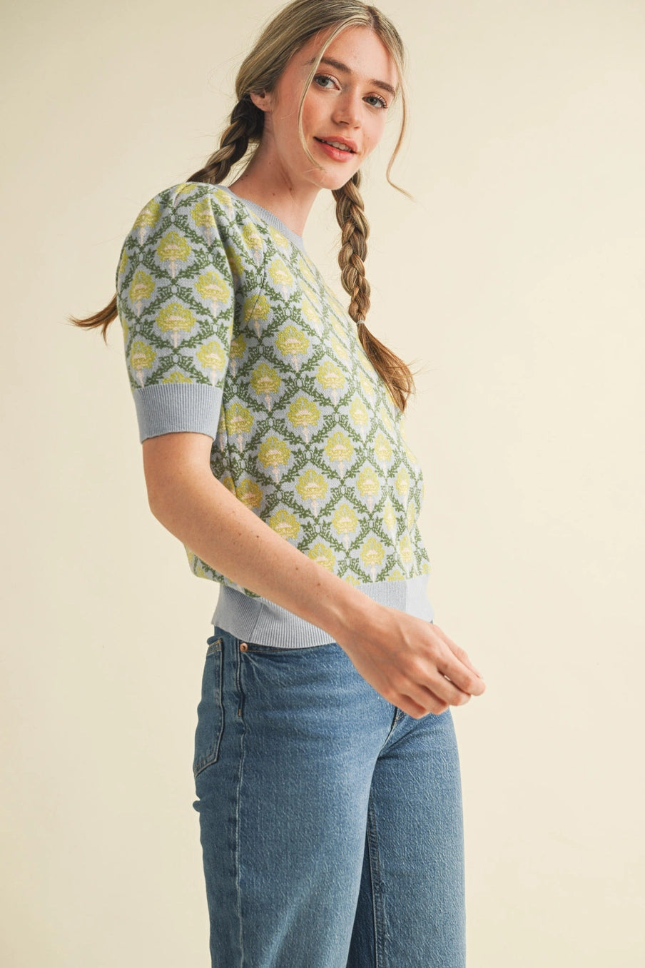 Light Blue/Sage Floral Pattern Short Sleeve Sweater