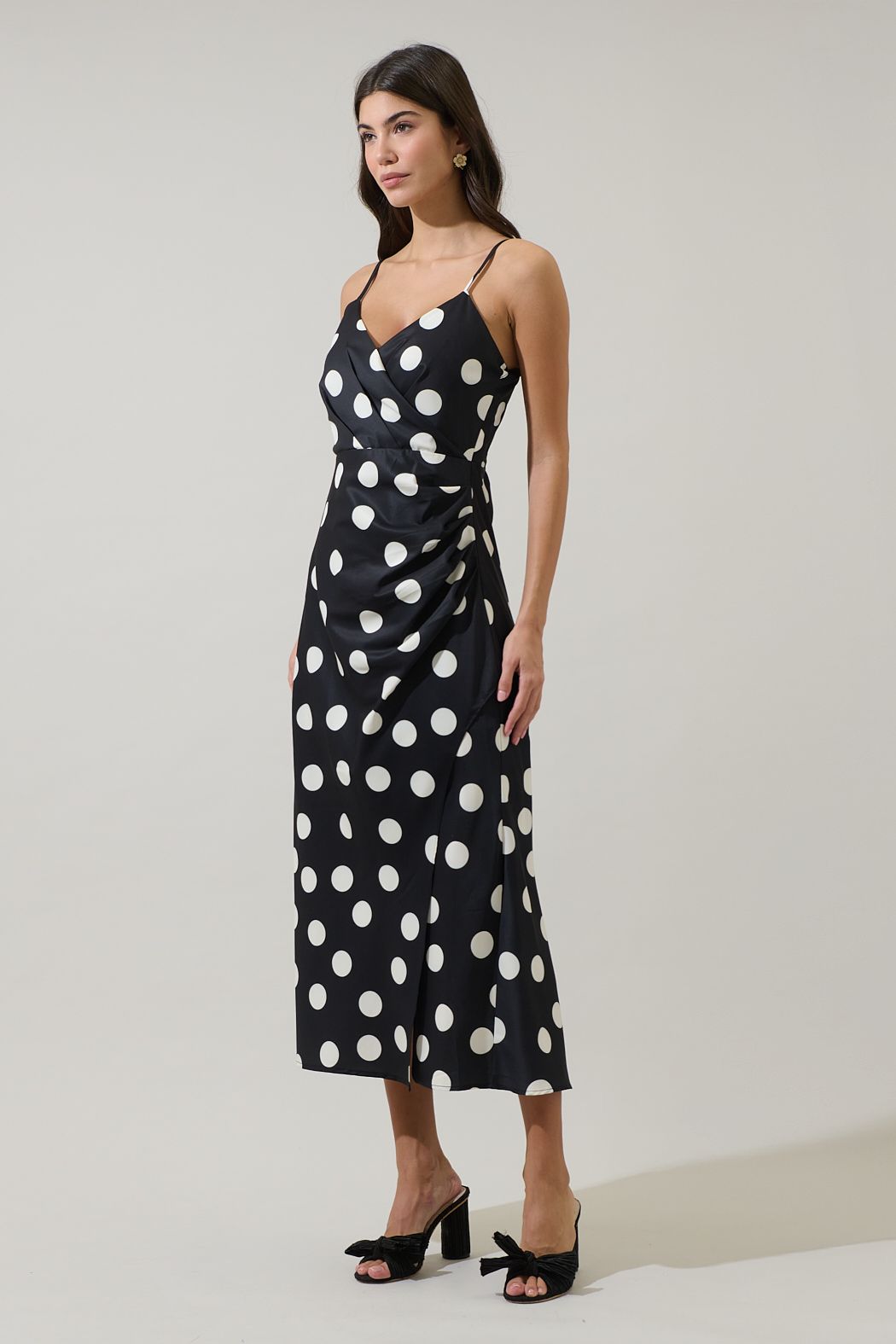 Derba Polka Dot Pleated Satin Midi Dress ( XS-XL)