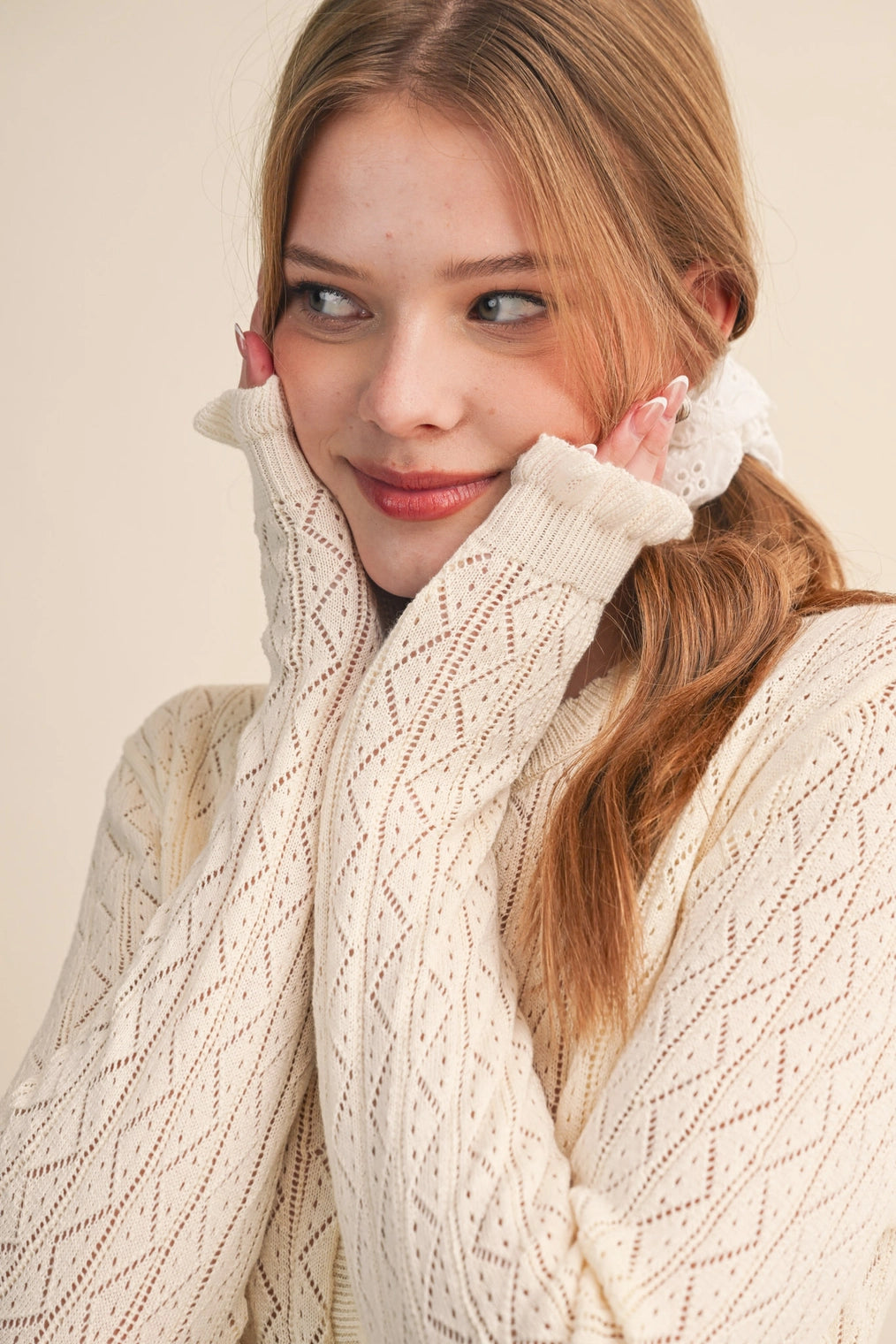 Ruffled Edge Pointelle Knit Sweater Cardigan - Ivory