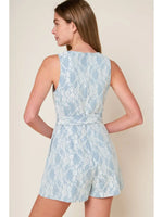 Ice Blue Floral Lace Romper with Self Tie Sash and Back Zipper Closure