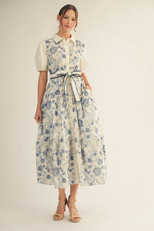 Nina Button Down Floral Tiered Dress with Tie Waist- Ivory/Blue