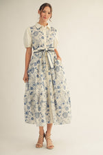 Nina Button Down Floral Tiered Dress with Tie Waist- Ivory/Blue