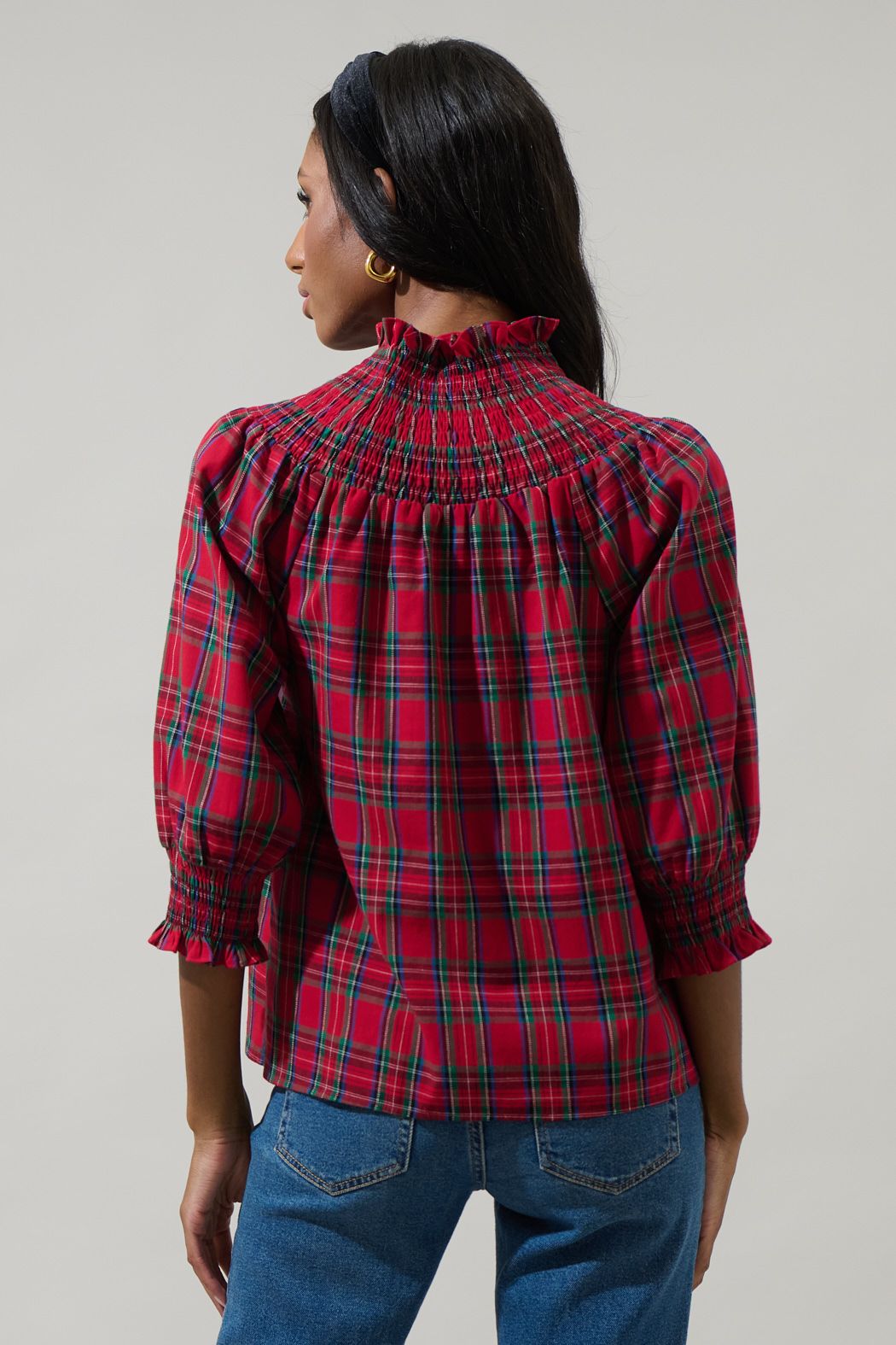 Jace Plaid Verity Smocked Top- Red