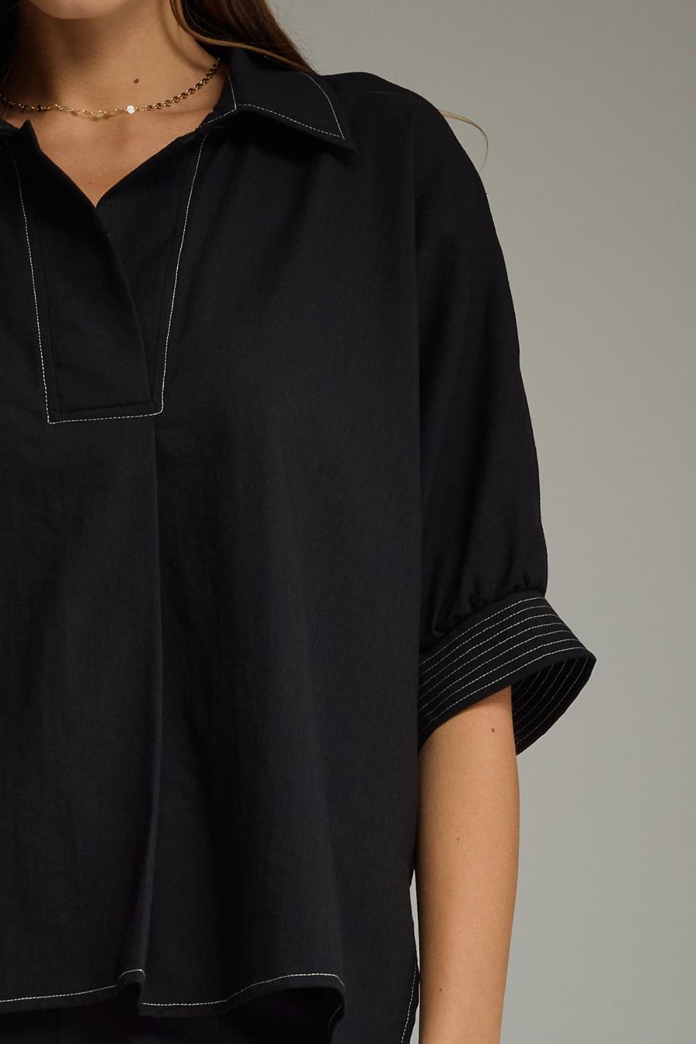 Heidi Black Collared V Neck Top with White Stitching Detail
