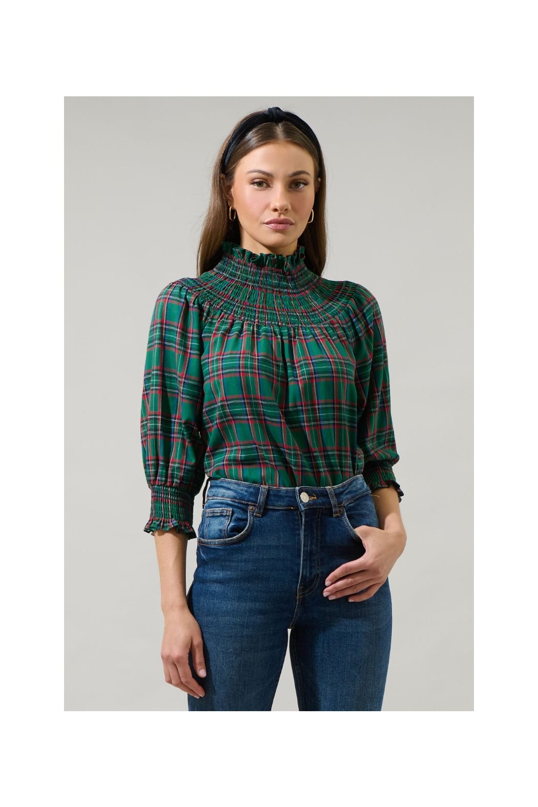 Jace Plaid Verity Smocked Top-Green