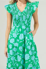 Waterlilly Floral Smocked Bodice Tiered Midi Dress