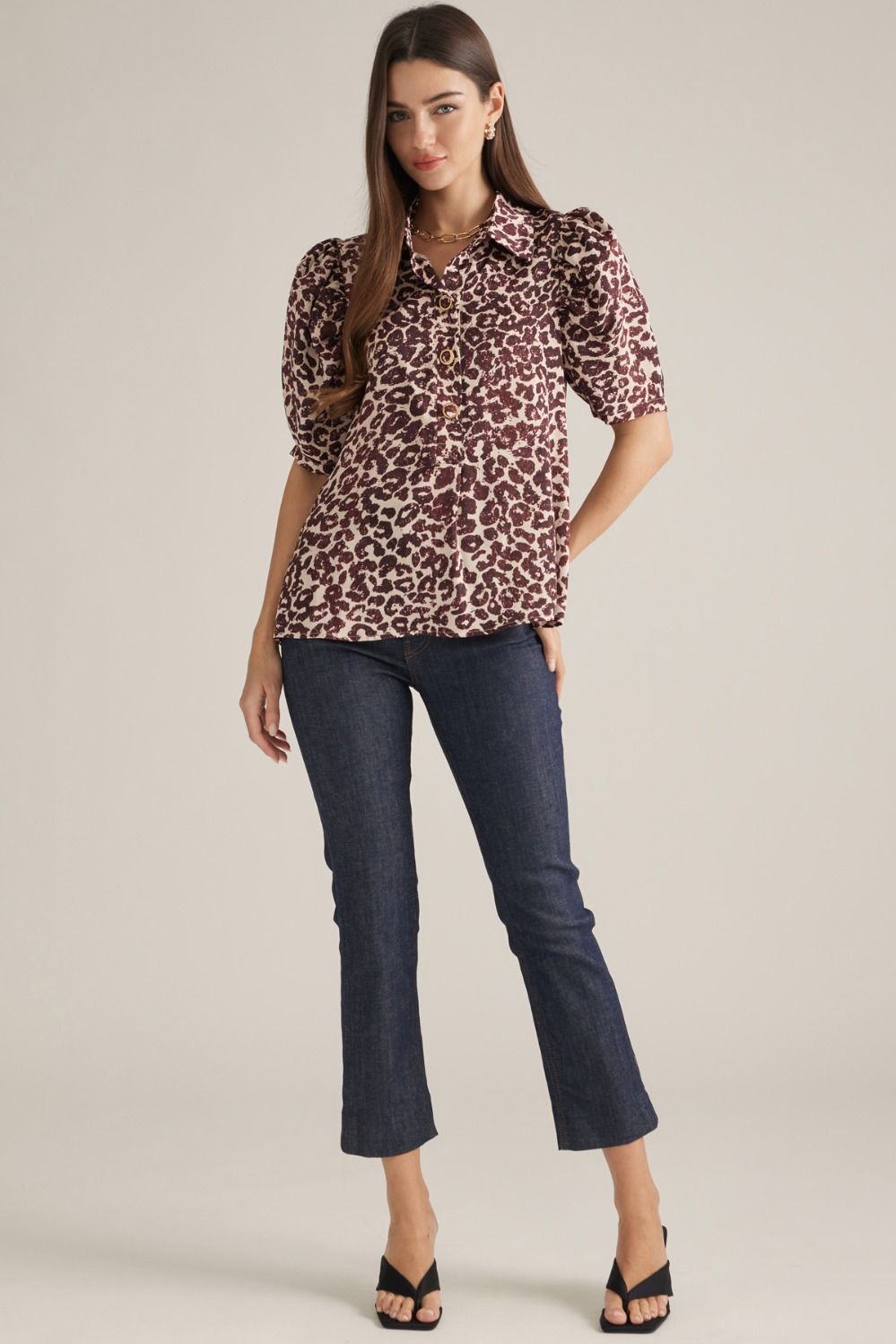 Maroon Leopard Pleated Sleeve Button Down Top