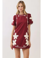 Mia Floral Appliqué Contrast Trim Mini Dress - Burgundy