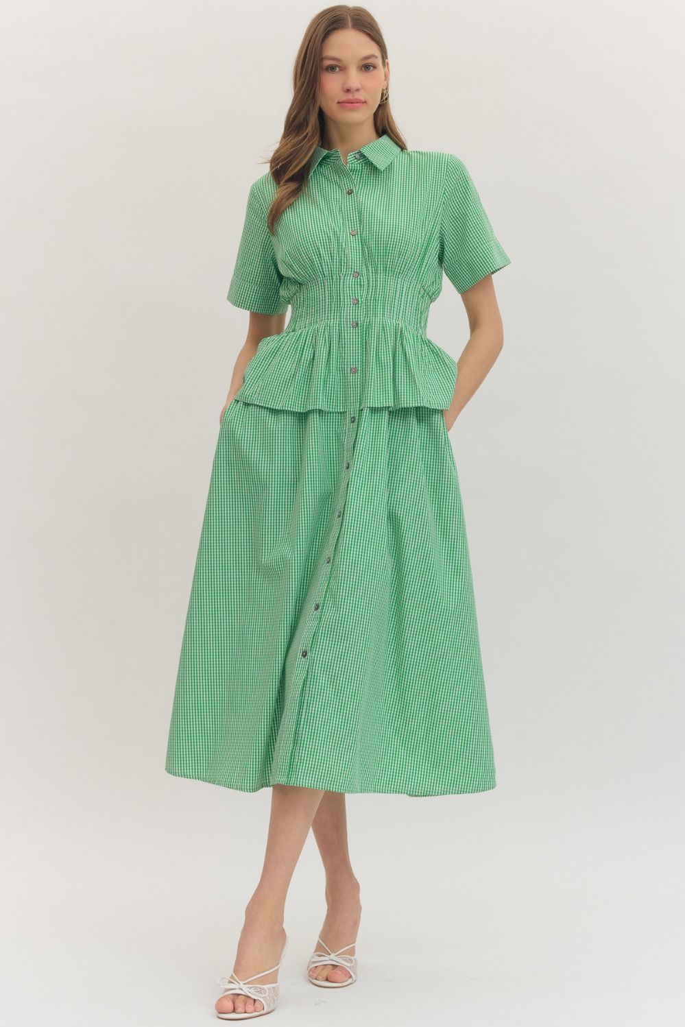 Allison Green Gingham Peplum Waist Midi