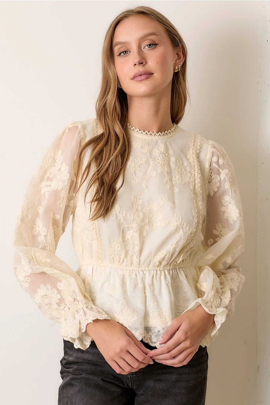 TEXTURED LACE PRINTED LONG SLEEVE TOP