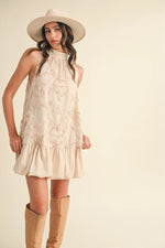 Bubble Hem Embellished Mixed Media Mini Dress - Creamy Blush