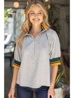 Quarter Zip Heather Gray Top with Stripe Accent