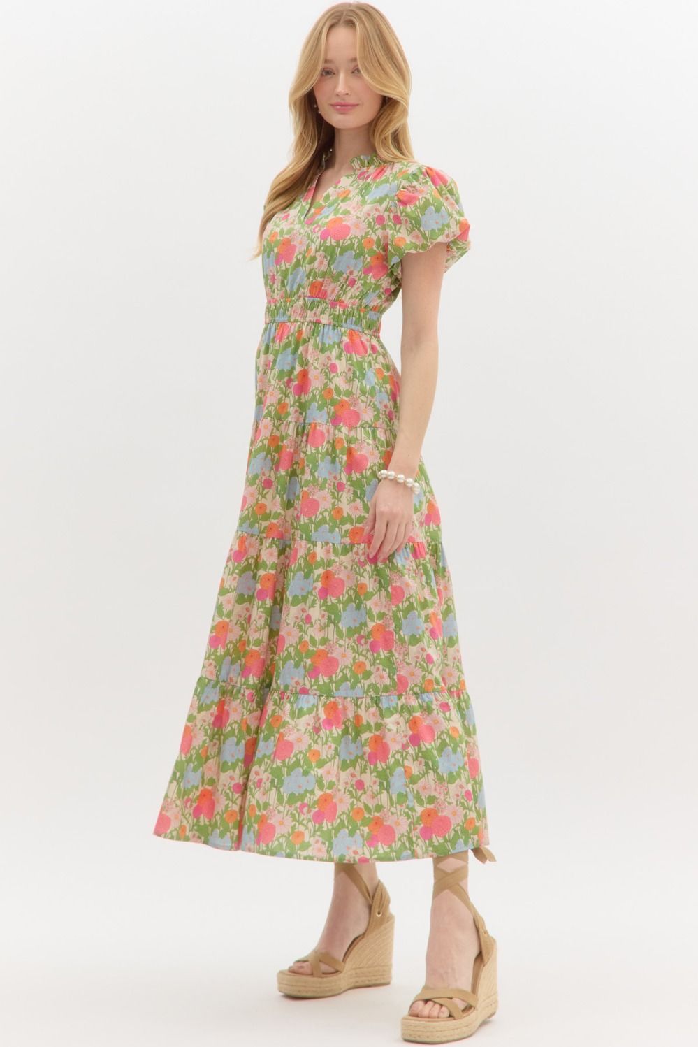 Floral Bubble Sleeve Maxi Dress with Double Elastisized Waist and Side Pockets