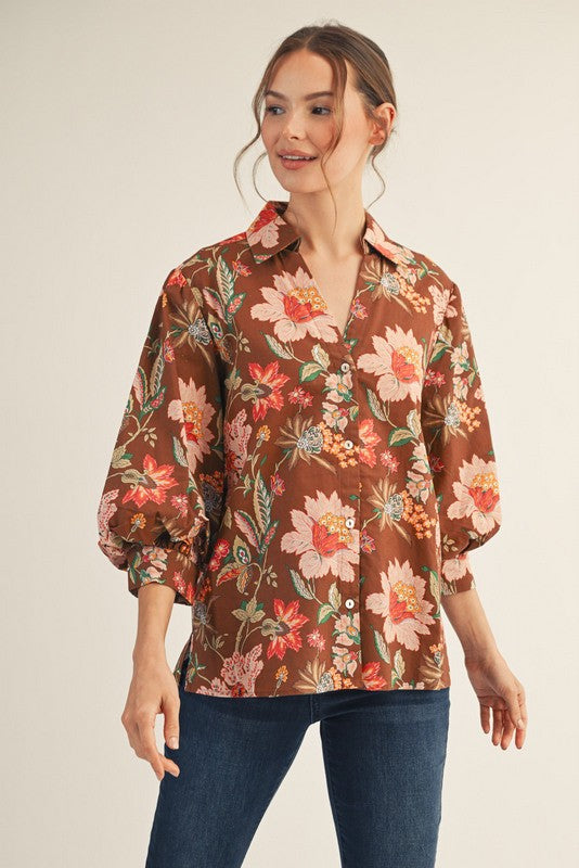 Brown Hues Puff Sleeve Floral Button Down Top
