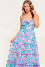 TROPICAL BLUE and PINK FLORAL PRINTED MAXI DRESS