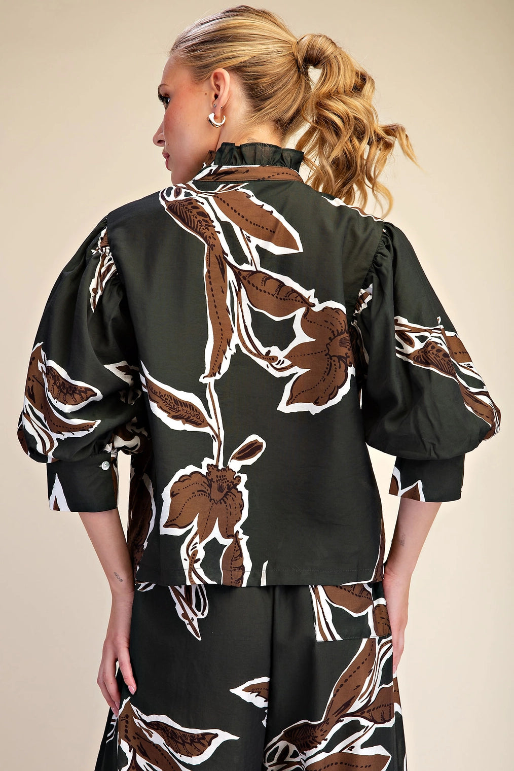 Eloise Ruffle Neck Puff Sleeve Button Down Blouse- Hunter Green