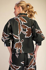 Eloise Ruffle Neck Puff Sleeve Button Down Blouse- Hunter Green