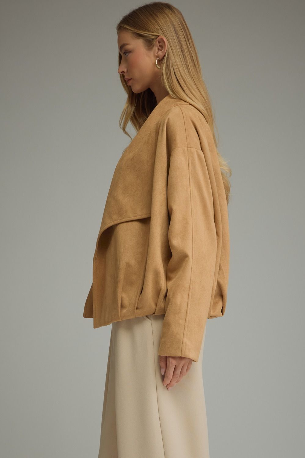 Evelyn Soft Suede Draped Lapel Jacket- Camel