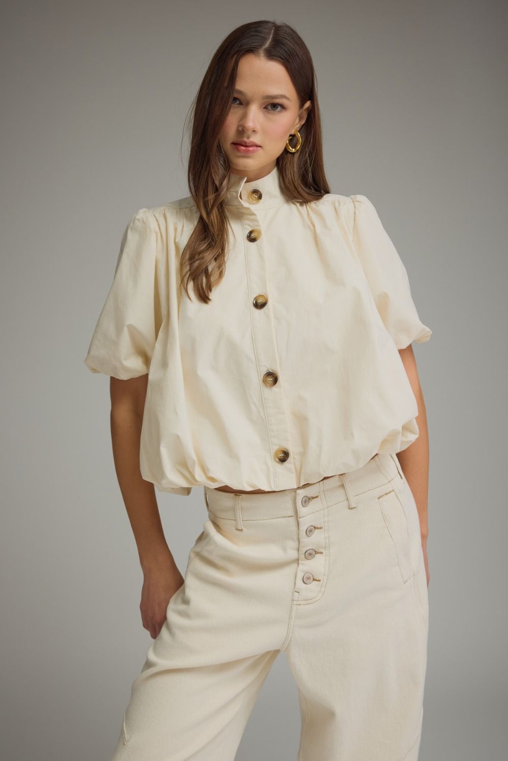 Clara Bubble Hem Button Down Short Sleeve Top- Ivory