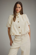 Clara Bubble Hem Button Down Short Sleeve Top- Ivory