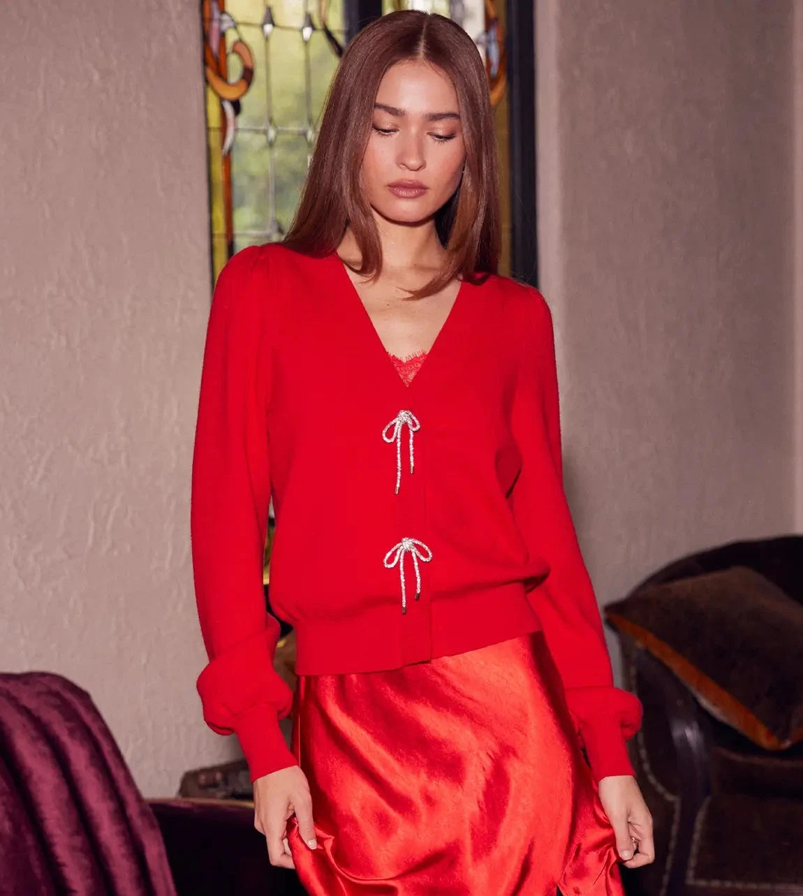 Bow Detail Puff Sleeve Cardigan- Red