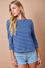 Tucker Striped Slim Fit Puff Shoulder 3/4 Sleeve Top -Navy/Sky