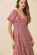 Chevron Striped Midi Dress- Burgundy