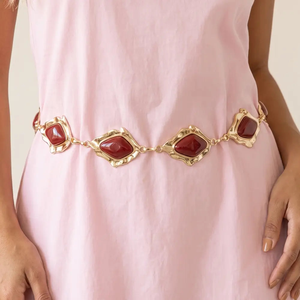 Hammered Frame Cabochon Chain Belt- Burgundy