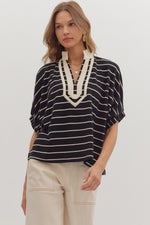Black and Cream Striped Short Sleeve Top with Contrast Trim