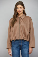 Super Soft Mocha Pleated Hemline Zip Front Closure Bomber Jacket by Fate
