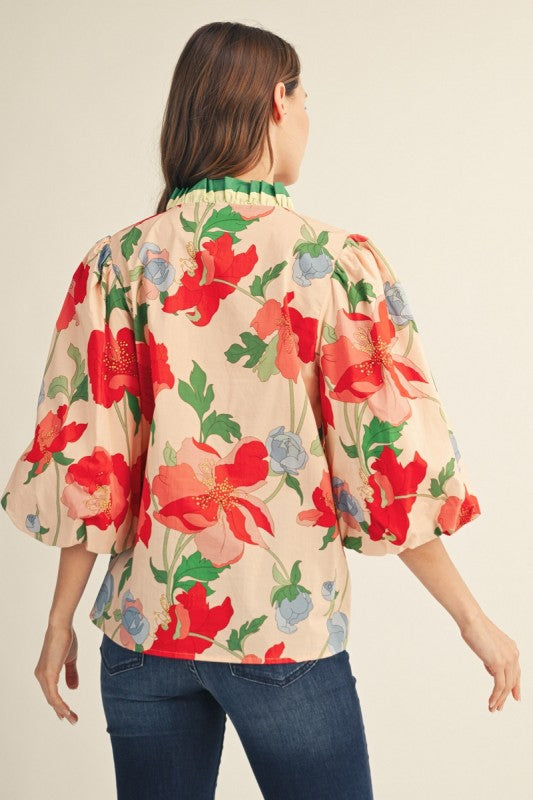 Jackie Ruffled Neckline Floral Button Down Top