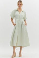 Light Green Textured Stripe Elbow Length Button Down Midi with Side Pockets-