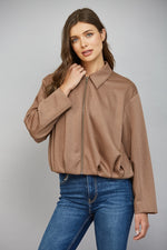 Super Soft Mocha Pleated Hemline Zip Front Closure Bomber Jacket by Fate