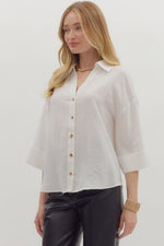 Solid Wide Cuff ¾ Sleeve Spread Collar Button Front Top