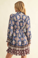 Blue/Mauve Floral Tie Waist Mini Dress