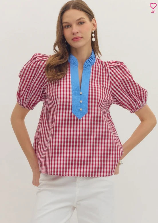 Marian Red Gingham Top With Blue Contrast Collar