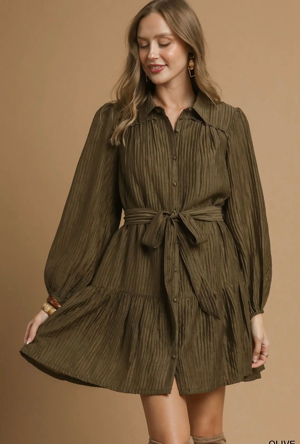OLIVE CRINKLE MINI DRESS