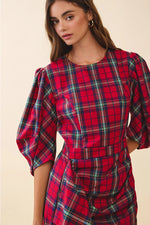 Plaid Puff Sleeve Cascading Ruffle Detail Mini Dress