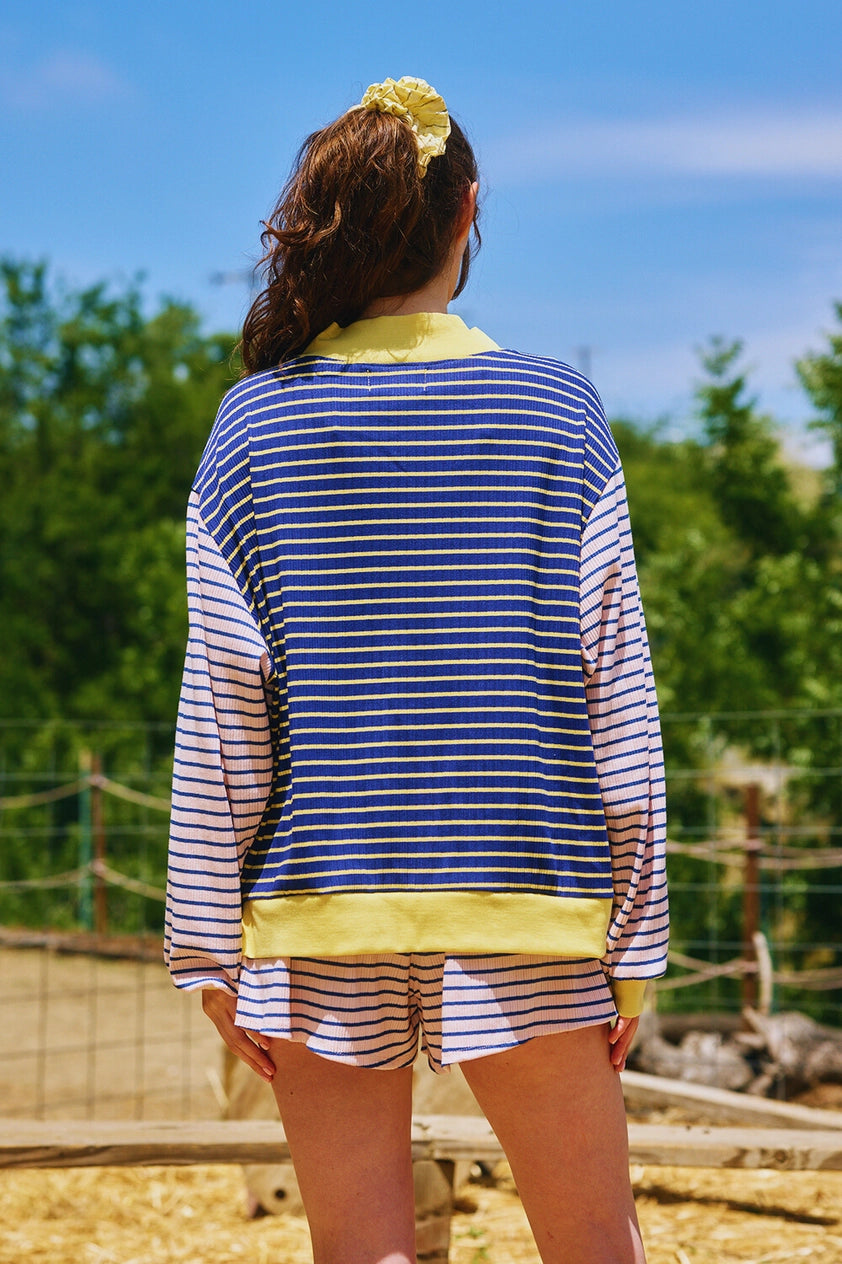 SOPHIE STRIPED CONTRAST RIBBED DETAILES HIGH-NECK SWEATSHIRT -by Bucketlist Navy/Yellow