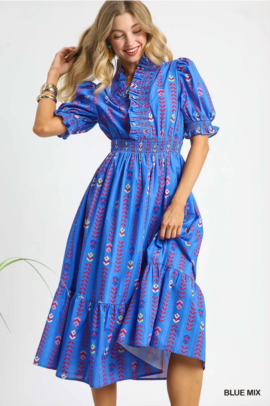 Iris Floral Ruffle V Neck Midi